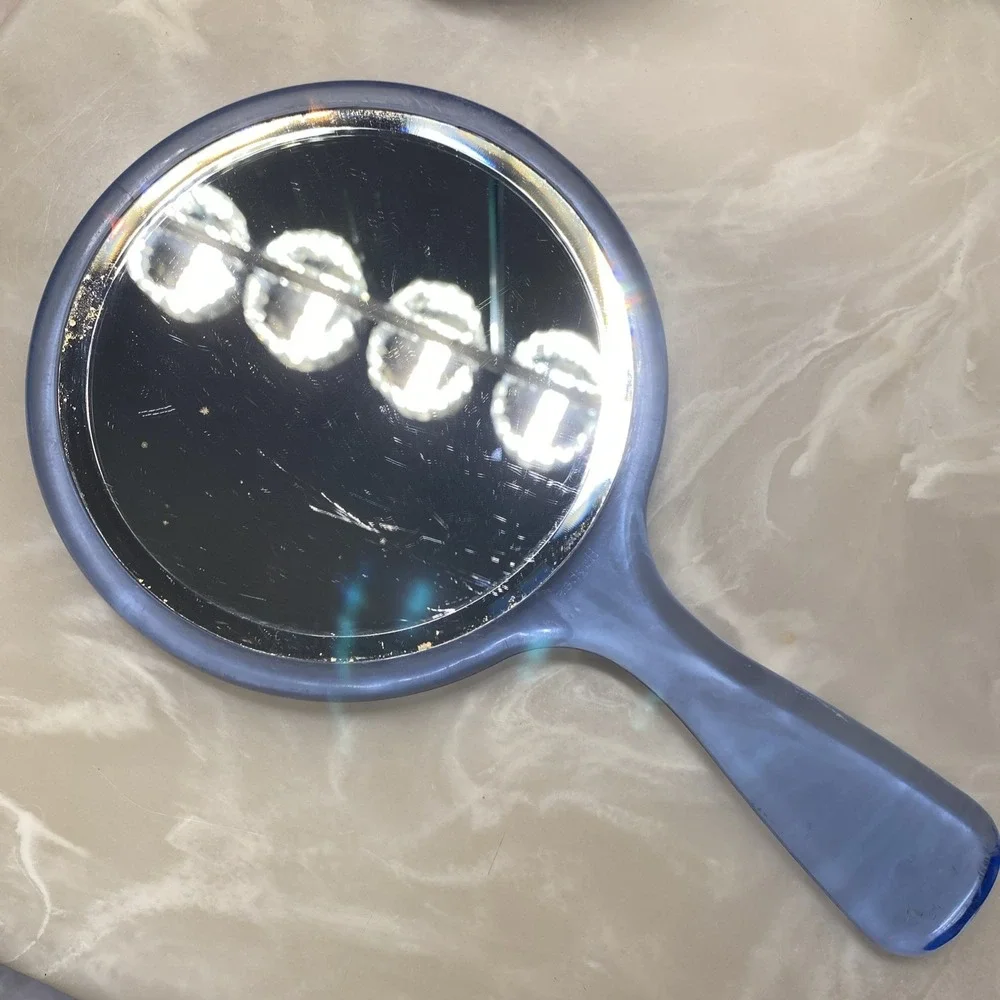 Vtg Lucite? Blue HUGHES Double Sided Hand Mirror Regular & Magnifying Not Goody